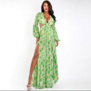 NWT Rosevelvet Green Floral Cutout Long Sleeve Dress